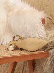 New Summer Pointed Toe Chunky Heel Dress Mules & Backless Sandals For Women - Gold - View 6