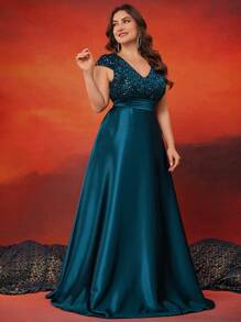 XUIBOL Plus Size Elegant Women Formal Ball Gown Evening Dress With Sequins Splice Satin Fabric, V-Neck, Lantern Sleeves, Pockets, Luxurious Motif, Suitable For Banquet, Party (Heavy Decor) Wedding Guest Dress - 水鴨藍 - 查看 5