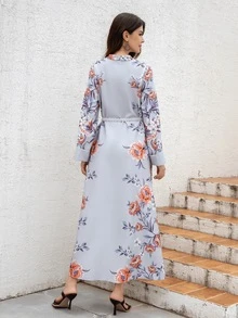 Women's Notched Neck Dress, All-Over Print, Ultra-Thick & Soft Stretchy Fabric, Flared Cuffs, Pearl Belted, Elegant Arabian Jalabiya Modest Long Sleeve Arabian Dress - Light Grey - View 2