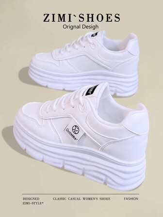 1 par kvinnor vattentät plattform Casual sneakers, vit rund tå utomhus vår höst läderskor