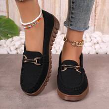 Women's Lightweight Suede Flat Loafers, Slip-On Metal Buckle Casual Shoes, All-Day Wear Comfortable Footwear - 黑色 - 查看 1