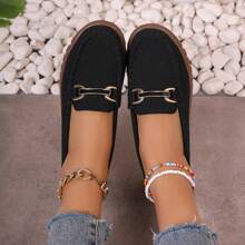 Women's Lightweight Suede Flat Loafers, Slip-On Metal Buckle Casual Shoes, All-Day Wear Comfortable Footwear - 黑色 - 查看 4