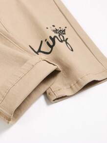 Teen Boy Casual Slogan & Cartoon Bear Print Denim Jeans - Khaki - View 5