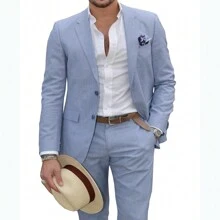 Mens Linen Suit 2 Pieces Suit Two Buttons Men Casual Linen Suit For Beach Wedding Summer Grooms - Màu xanh nhạt - Xem 3