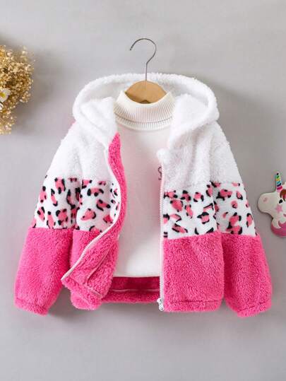 Young Girls Thicken Warm Contrast Color Patchwork Leopard Fluffy Zipper Hooded Cardigan, Fashionable And Cute, Autumn/Winter