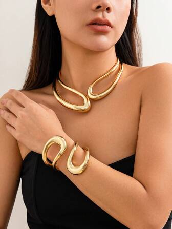 2pcs/1pc Exaggerated Vintage Asymmetric Minimalist Hollow-Out Metal Choker & Bracelet, Fashion Lightweight Luxury Resort Party Couple Jewelry Gift