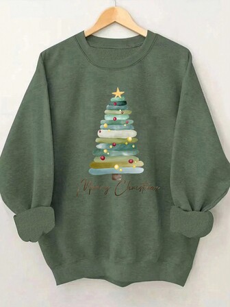 Round Neck Long Sleeve Christmas Tree Print Casual Top, Everyday Wear