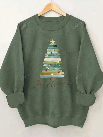 Maglietta casual a maniche lunghe con collo rotondo e stampa albero di Natale, adatta per uso quotidiano