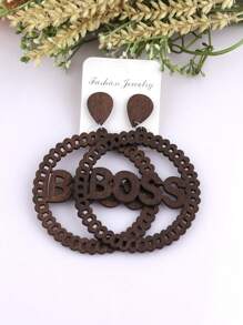1 Pair 7cm Wooden Round Letter Earrings, BOSS Wooden Earring Studs Vintage Jewelry Accessory, DIY Craft Club Gift
