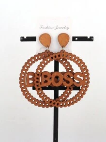 1 Pair 7cm Wooden Round Letter Earrings, BOSS Wooden Earring Studs Vintage Jewelry Accessory, DIY Craft Club Gift