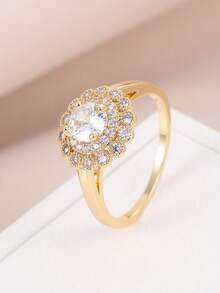 1 pieza Anillo de moda con forma de girasol adornado con micro-pavé de rhinestones - Amarillo Oro - Ver 1