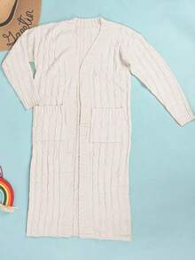 大码女式V领长袖纯色绞花针织开衫毛衣，秋冬休闲款 - 杏色 - 查看 4