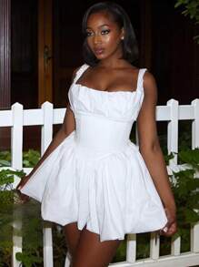 Women Summer Solid Color Pleated Casual Spaghetti Strap Mini Dress - White - View 4