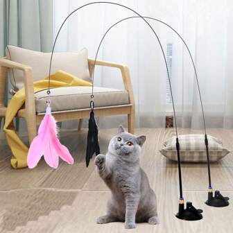 1pc Cat Teaser Wand With Bell, Long Pole Steel Wire Cat Toy With Replaceable Feather, Suction Cup Self-Entertainment, Bite-Resistant Cat Toy