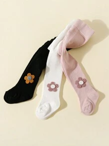 3pcs Baby Girls Floral Decor Solid Color Leggings, Suitable For Daily Matching - Multicolor - View 4