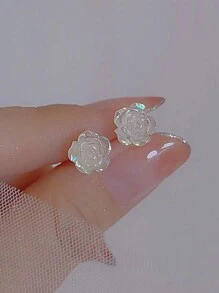 1 对透明白色迷你玫瑰耳钉，可爱优雅的女士日常珠宝 - 花朵 - 查看 12