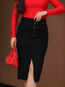 Black Midi Jeans Skirt With Front Slit With Lycra 38 To 48 - Evangelical Fashion Social Skirt - 黑色 - 查看 7