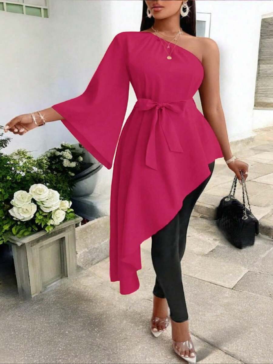 Blusa Asimétrica de una manga con cinturón ajustable para mujer - Rosa Fucsia - Ver 1