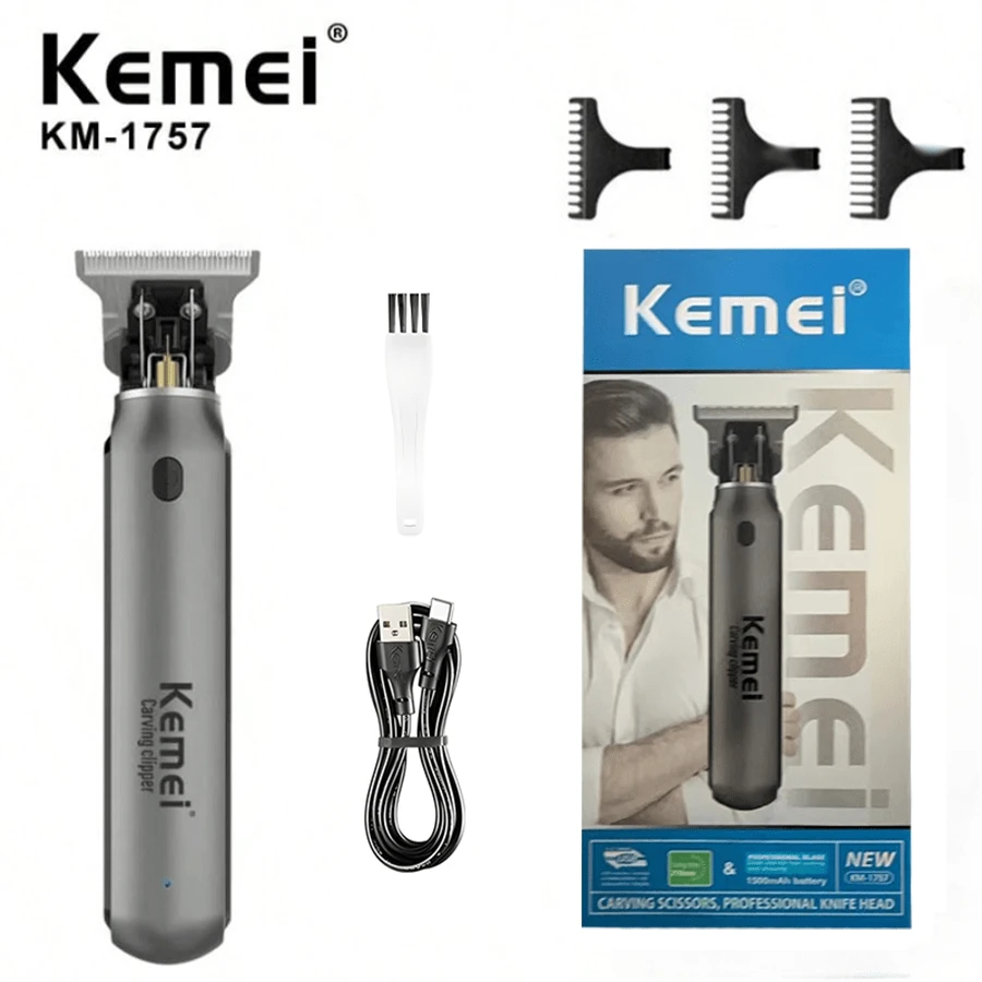 Kemei USB 充电电推剪无绳理发器 KM-1757 专业理发器带 USB 充电器和限位梳，小巧方便使用，电池耐用 - 銀色 - 查看 1