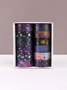 12/6rolls/Box Galactic Splendor Star Washi Tape,Scrapbook Supplies Tape Dispenser Washi Tape,Starry Sky Bronzing Washi Tape Set With Dream Planet Design(0.59*78.74in) Back To School