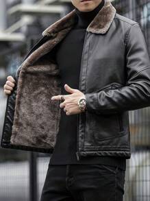 Men's Thickened Fleece Leather Jacket, Autumn/Winter
