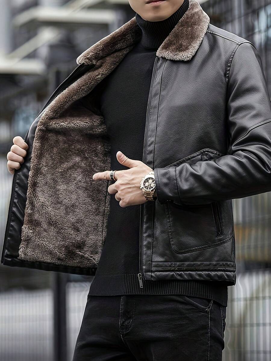 Men's Thickened Fleece Leather Jacket, Autumn/Winter