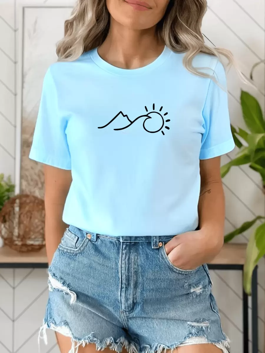 Women's Casual T-Shirt Ocean Sea Waves Sunset Beach Cotton Premium Mesh Promotion - 淺藍色 - 查看 1