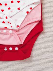 3pcs/Set Baby Girl Pink & White Heart Pattern Bodysuit Outfit, Autumn & Winter - Multicolor - View 5