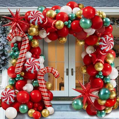 112pcs/Set Christmas Theme Wreath Arch Balloon Set, Red & White Balloons, Gold Metal Balloons, Green Latex Balloons, Foil Candy Cane Balloons, For Christmas Night Family Gathering Decor,Christmas