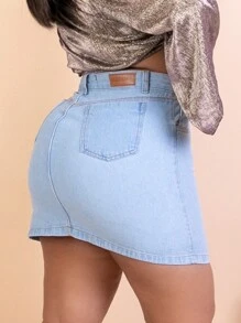Plus Size Denim Skirt With High Waist Hem Plus Size Skirt Kit - Rửa nhẹ - Xem 3