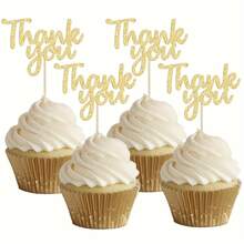 Set de 24 toppers para cupcakes que dicen "Gracias", aptos para fiestas de cumpleaños, bodas y aniversarios - Dorado - Ver 2