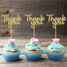Set de 24 toppers para cupcakes que dicen "Gracias", aptos para fiestas de cumpleaños, bodas y aniversarios - Dorado - Ver 1