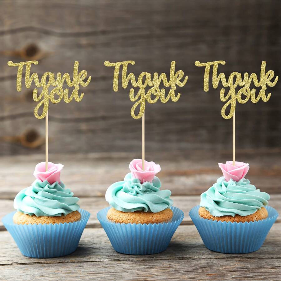 Set de 24 toppers para cupcakes que dicen "Gracias", aptos para fiestas de cumpleaños, bodas y aniversarios - Dorado - Ver 1