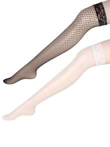 3Pairs Women's Hold-Up Stockings Black White Red Thigh Highs With Anti-Skid Narrow Lace Top Ladies Sexy Comfortable Sheer Knee High Stocking Tights Gifts For Women Girls Supplies