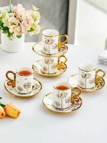 6 件套卡布奇诺咖啡杯碟、带金边碟子的陶瓷咖啡杯、土耳其咖啡杯、6 件套浓缩咖啡杯碟 - 彩色 - 查看 12
