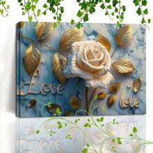1pcs Wooden Framed Print Canvas Painting Print Artwork Very Suitable For Office Corridor Home Living Room Decoration White Rose With Golden Leaves, Love Text, Marble Background, Elegant Design