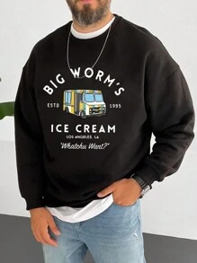 Men's Casual Letter Printed Loose Fit Crew Neck Long Sleeve Sweatshirt, Spring And Autumn