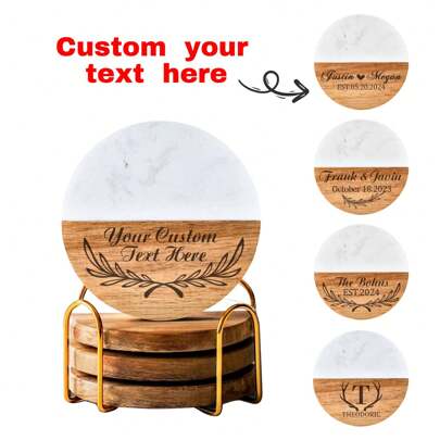 Personalized Coasters, Wedding Gift For Couple, Custom Engraved Marble Wood Coasters Fo Drinks, Personalized Names Coaster Housewarming , Christmas Gift