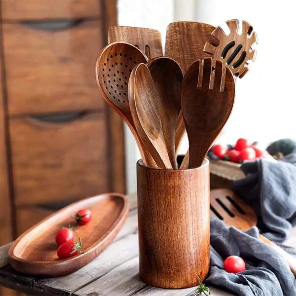 7pcs Cooking Utensil Set, High Quality Wooden Kitchen Cooking Tools, Heat-Resistant Cookware For Non-Stick Pan, Spatula, Spoon, Salad Tongs