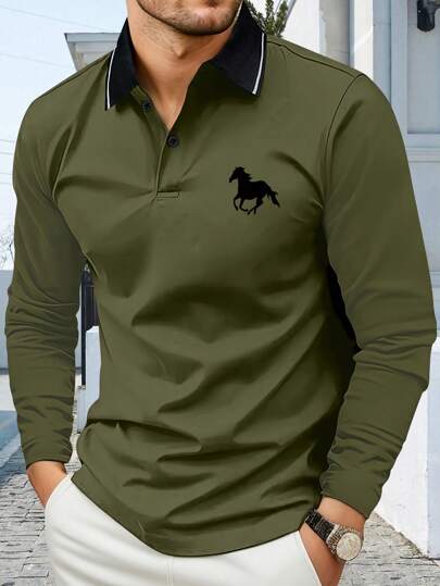 Camisa polo masculina de manga comprida com gola virada para baixo e estampa clássica de cavalo, roupa casual leve para uso diário e ao ar livre, para golfe, outono