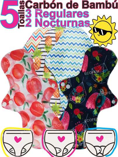 Kit de 5 toallas menstruales ecológicas 2 nocturnas y 3 regulares. Toalla femenina reutilizable, carbón de bambú antibacterial e hipoalergénico, 4 capas de protección extra absorbente, toalla sanitaria