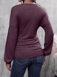 Women's Solid Color Round Neck Dropped Shoulder Long Sleeve Casual Distressed Blouse, Spring Autumn - Red Violet - View 2