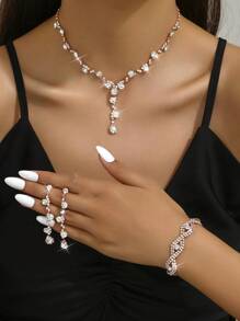 水钻项链首饰套装，闪亮花朵吊坠项链、耳环和手链，适合新娘和伴娘佩戴 - 銀色 - 查看 14