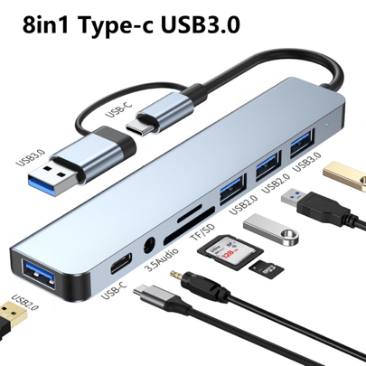 USB Hub, Dual Purpose Hub With USB And Type C Interfaces, 8-Port USB C Hub, With USB 3.0, USB 2.0, Micro SD/TF Card Reader, Microphone/Audio, And Other Interfaces, Suitable For USB C Hubs On Laptops, For Pro, IMac, IPad Pro, And Other USB-C Devices