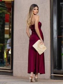 Long Strapless Dress With Slit Mesh Prd - Redwood - View 5