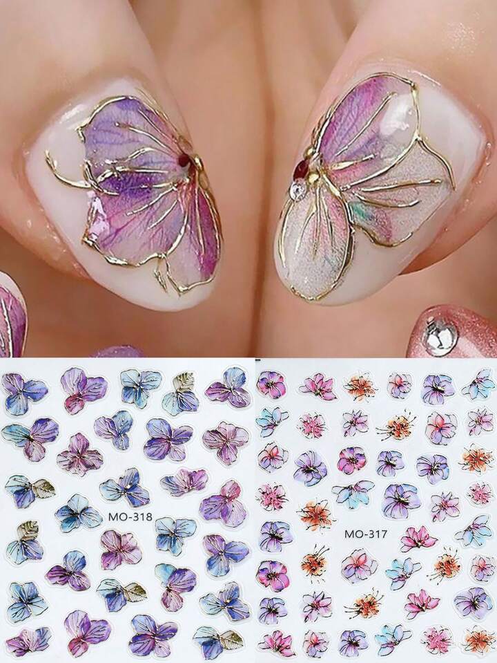 2枚 紫陽花モチーフ ネイルシール ゴールドフォイル ウォーター