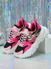 Plus Size Couples/Unisex Mesh Breathable Platform Thick Sole Chunky Sneakers Fashion Casual Sports Shoes - Black Rose Pink - View 7