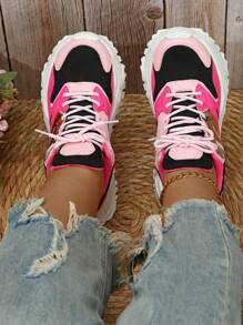 Plus Size Couples/Unisex Mesh Breathable Platform Thick Sole Chunky Sneakers Fashion Casual Sports Shoes - Black Rose Pink - View 3