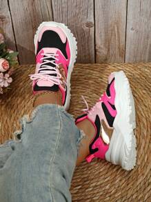 Plus Size Couples/Unisex Mesh Breathable Platform Thick Sole Chunky Sneakers Fashion Casual Sports Shoes - Black Rose Pink - View 5