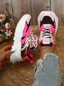 Plus Size Couples/Unisex Mesh Breathable Platform Thick Sole Chunky Sneakers Fashion Casual Sports Shoes - Black Rose Pink - View 6